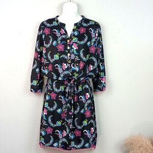 Tracy Negoshan black floral boho multicolor drawstring waist 3/4 sleeve dress M
